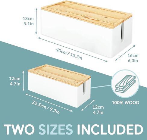 NATURE SUPPLIES Set of 2, Wood Cable Management Boxes, Large and Medium Cord Organizer to Hide Wires and Power Strips for TV, Desk, Computer, Router, Cable Storage and Home Office Organization, White in Kuwait