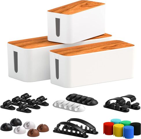 Cable Management Box 3 Pack with 16 Cable Clips Set-Large & Medium & Small Wooden Style Cable Organizer Box to Hide Wires&Power Strips | Cord Organizer Box | Cable Organizer for Home & Office [White] in Kuwait