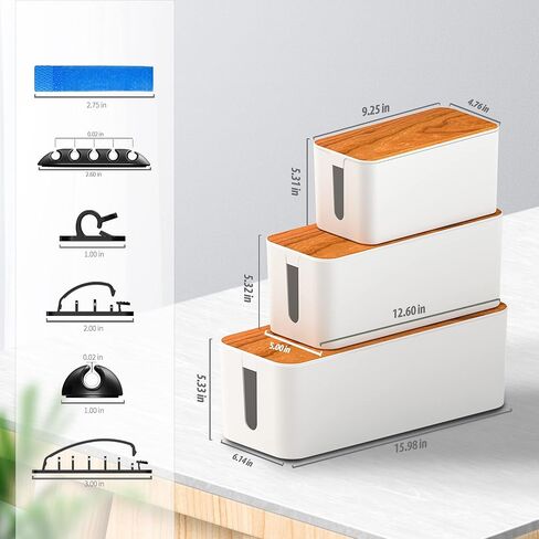 Cable Management Box 3 Pack with 16 Cable Clips Set-Large & Medium & Small Wooden Style Cable Organizer Box to Hide Wires&Power Strips | Cord Organizer Box | Cable Organizer for Home & Office [White] in Kuwait