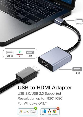 محول NOBVEQ USB إلى HDMI، USB 3.0/2.0 إلى HDMI لشاشات متعددة 1080P متوافق مع نظام التشغيل Windows XP/7/8/10/11، رمادي in Kuwait