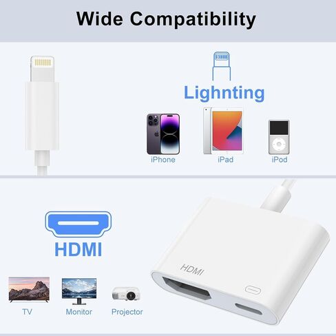 [معتمد من Apple MFi] محول Lightning إلى HDMI لأجهزة iPhone إلى TV، كابل صوت AV رقمي 1080P، موصل شاشة مزامنة مع منفذ شحن، التوصيل والتشغيل متوافق مع iPhone/TV/جهاز العرض/الشاشة in Kuwait