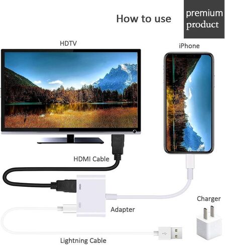 [معتمد من Apple MFi] محول Lightning إلى HDMI لأجهزة iPhone إلى TV، كابل صوت AV رقمي 1080P، موصل شاشة مزامنة مع منفذ شحن، التوصيل والتشغيل متوافق مع iPhone/TV/جهاز العرض/الشاشة in Kuwait
