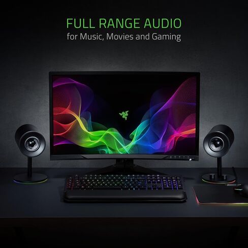 Razer Nommo Chroma: Custom Woven 3" Glass Fiber Drivers - Rear-Facing Bass Ports - Bass Knob w/Automatic Gain Control Chroma Enabled - Full Range 2.0 PC Gaming Speakers, Black in Kuwait
