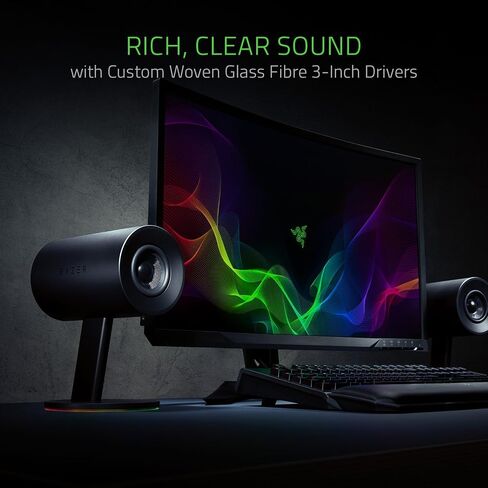 Razer Nommo Chroma: Custom Woven 3" Glass Fiber Drivers - Rear-Facing Bass Ports - Bass Knob w/Automatic Gain Control Chroma Enabled - Full Range 2.0 PC Gaming Speakers, Black in Kuwait