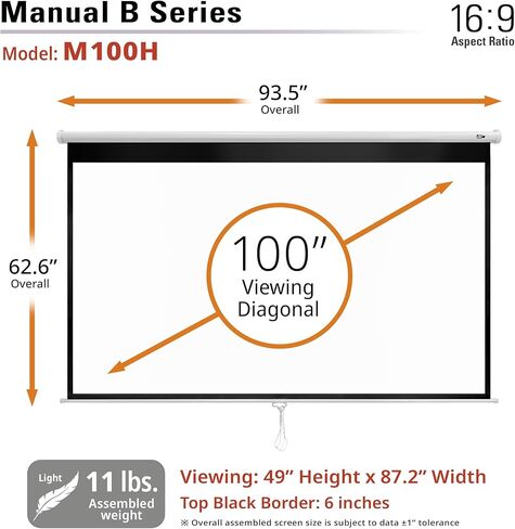 Elite Screens Manual B, 100-INCH Manual Pull Down Projector Screen Diagonal 16:9 Diag 4K 8K 3D Ultra HDR HD Ready Home Theater Movie Office Presentation, M100H in Saudi Arabia