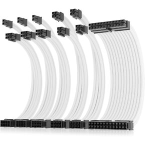 AsiaHorse Power Supply Sleeved Cable, 16 AWG PSU Extension Cable Kit of White Connector, 1x24Pin/2x4+4 EPS/3x6+2 PCI-E, 30cm Length with Combs-White in Kuwait