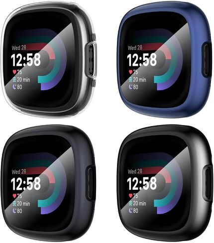 Suoman [4-Pack] for Fitbit Sense 2 /Versa 4 Screen Protector Case, Full Around Electroplate Soft TPU Bumper Around Protective Case Cover for Fitbit Sense 2/Versa 4 Smartwatch(Black+Black+Black+Black) | Full Around Electroplate Soft TPU Bumper Around Prote in Saudi Arabia