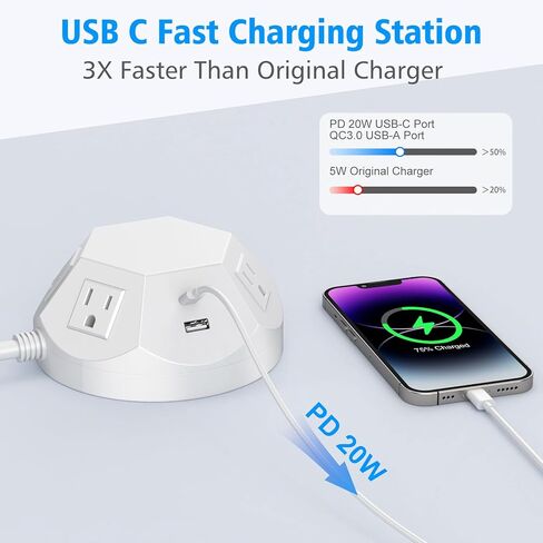 برج قطاع الطاقة السداسي BTU، برج حماية من زيادة التيار 8 في 1 مع 4 مقابس مخرج تيار متردد، 3 USB-A و1 برج شحن USB-C لأجهزة متعددة، محطة مكتب مقبس برج سلك تمديد 6 أقدام (أبيض) in Kuwait