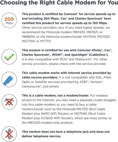 مودم كابل موتورولا 8×4، موديل MB7220، 343 ميجابت في الثانية DOCSIS 3.0، معتمد من Comcast XFINITY، كابل الوقت وارنر كوركس، برايت هاوس وغيرها (لا سلكي) in Saudi Arabia