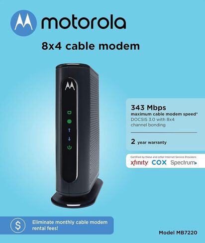 مودم كابل موتورولا 8×4، موديل MB7220، 343 ميجابت في الثانية DOCSIS 3.0، معتمد من Comcast XFINITY، كابل الوقت وارنر كوركس، برايت هاوس وغيرها (لا سلكي) in Saudi Arabia