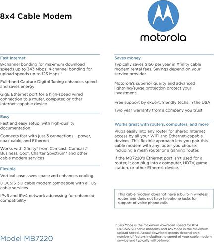 مودم كابل موتورولا 8×4، موديل MB7220، 343 ميجابت في الثانية DOCSIS 3.0، معتمد من Comcast XFINITY، كابل الوقت وارنر كوركس، برايت هاوس وغيرها (لا سلكي) in Saudi Arabia