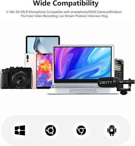 ميكروفون Deity V-Mic D4، ميكروفون فيديو Shotgun اتجاهي متوافق مع كاميرا DSLR/iPhone/Android الذكي/الكمبيوتر المحمول مع حامل الصدمات، يدعم الإخراج الرقمي USB-C للكمبيوتر الشخصي، عمر البطارية 60 ساعة in Kuwait