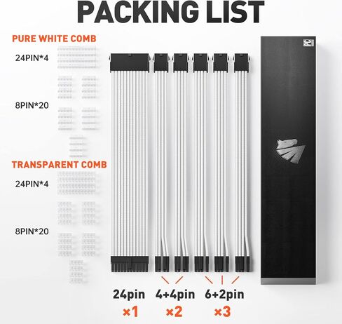 كابل مزود طاقة من AsiaHorse، طقم كابل تمديد PSU 16 AWG من موصل أبيض، 1x24Pin/2x4+4 EPS/3x6+2 PCI-E، طول 30 سم مع أمشاط - أبيض in Kuwait