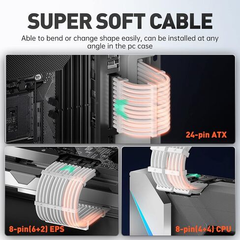 كابل مزود طاقة من AsiaHorse، طقم كابل تمديد PSU 16 AWG من موصل أبيض، 1x24Pin/2x4+4 EPS/3x6+2 PCI-E، طول 30 سم مع أمشاط - أبيض in Kuwait