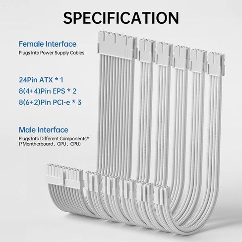 كابل مزود طاقة من AsiaHorse، طقم كابل تمديد PSU 16 AWG من موصل أبيض، 1x24Pin/2x4+4 EPS/3x6+2 PCI-E، طول 30 سم مع أمشاط - أبيض in Kuwait