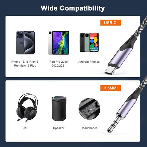 Aux Cord for iPhone 15, 2 Pack [Apple MFi Certified] 3.3ft USB Type C to 3.5mm Headphone Aux Audio Jack Cable Car Stereo Cord for iPhone 15/15 Plus/15 Pro/15 Pro Max,iPad Pro,Galaxy S23 S22 S21 Ultra in Kuwait