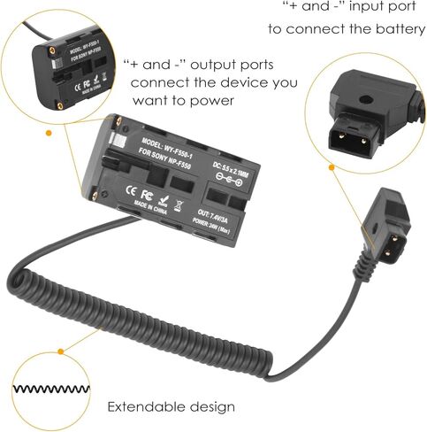 كابل طاقة ملفوف على شكل حرف D إلى بطارية الدمية NP-F550 متوافق مع سوني NP-F550/770/570 NP-F970، ضوء LED للطاقة، شاشة Feelworld Atomos Ninja/Shinobi لبطارية تركيب على شكل V in Kuwait