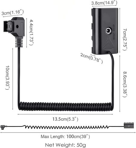 كابل طاقة ملفوف على شكل حرف D إلى بطارية الدمية NP-F550 متوافق مع سوني NP-F550/770/570 NP-F970، ضوء LED للطاقة، شاشة Feelworld Atomos Ninja/Shinobi لبطارية تركيب على شكل V in Kuwait