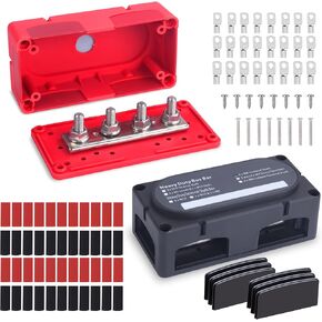 Ailbiuko 300A Bus Bar with 4 x M8(5/16") Terminal Studs Battery 12V 24V 48V DC Terminal Distribution Block with Cable Lugs Heat Shrink Tubing for Car Marine RV Truck (M8 Black)