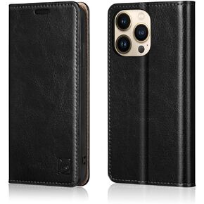 Belemay Compatible with iPhone 15 Pro Case Wallet-Genuine Leather-RFID Blocking Card Holders-Shockproof TPU Shell-Kickstand-Durable Flip Cover-Book Folding Phone Case Women Men (6.1-inch) Black