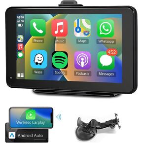 Podofo Portable Car Stereo Wireless Apple Carplay Android Auto Retractable Car Screen,7'' Touchscreen Radio with Buttons/Bluetooth/Airplay/Mirror Link/GPS/Backup Camera/64G TF Card/AUX Cable/SWC in Kuwait