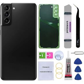 بديل الزجاج الخلفي الخلفي من Perzework لهاتف Samsung Galaxy S21 Plus 6.7 بوصة مع مجموعة أدوات إصلاح ولاصق مثبت مسبقًا (أسود فانتوم)