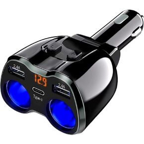 شاحن سيارة USB C، موزع ولاعة سجائر 12/24 فولت 80 وات، منافذ USB مزدوجة من النوع C، مفتاح منفصل، شاشة عرض جهد LED مع مصهر 10 أمبير قابل للاستبدال متوافق مع الهاتف الخلوي المحمول in Kuwait