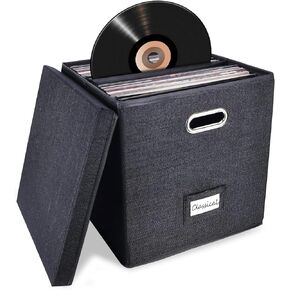 Sturdy Vinyl Record Storage Box - Album Storage Holds up 50+ Single Record, LP Storage Organizer Crate With Lid, Decorative Moving Box For Records, Solutions to Protect Your Precious Collection Grey