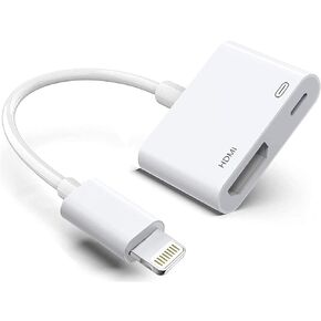 محول ابل لايتنينج الى HDMI، كيبل شاشة مزامنة رقمية 1080P مع منفذ شحن لاجهزة ايفون وايباد وايبود الى التلفزيون/جهاز العرض/الشاشة، محول فيديو معتمد من ام اف اي (ابيض-1) in Kuwait