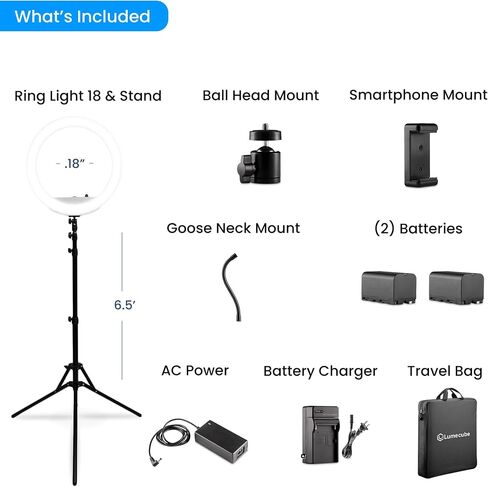 Lume Cube LED Ring Light for Videos, Selfies, Live Streaming |18" Circle Light with Stand, Phone Holder, and Camera Mount | Portable + 6.5 ft Tripod Stand and Travel Case | Battery Not Included in Saudi Arabia