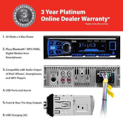 أنظمة الصوت BOSS 638BCK حزمة ستيريو السيارة - دين واحد، صوت ومكالمات بلوتوث، مدخل Aux، USB، مشغل DVD بدون CD، مستقبل راديو AM/FM، مكبرات صوت كاملة المدى 6.5 بوصة ثنائية الاتجاه in Kuwait