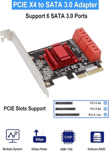 بطاقة توسيع PCI-E SATA X4 6 منافذ SATA PCIe بطاقة محول وحدة تحكم توسيع 6 جيجابت في الثانية مع 6 كابلات SATA وقوس منخفض المستوى، Soft-Raid (ASM1166) in Kuwait