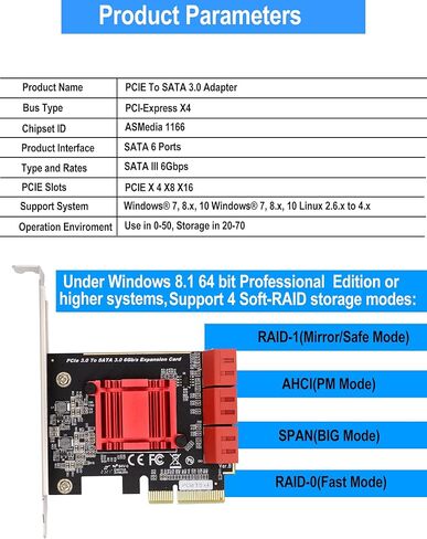 بطاقة توسيع PCI-E SATA X4 6 منافذ SATA PCIe بطاقة محول وحدة تحكم توسيع 6 جيجابت في الثانية مع 6 كابلات SATA وقوس منخفض المستوى، Soft-Raid (ASM1166) in Kuwait