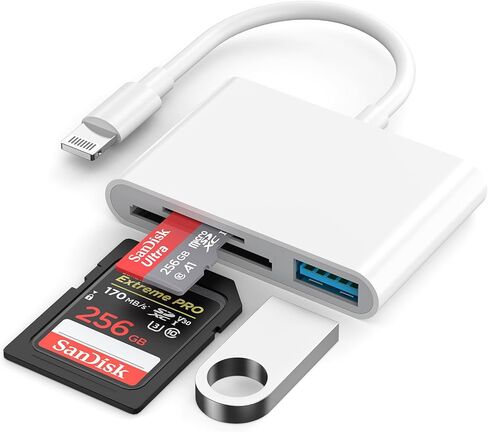[معتمد من Apple MFi] قارئ بطاقة SD لجهاز iPhone iPad، قارئ بطاقة الذاكرة، محول كاميرا Lightning إلى USB Trail Game Camera SD Card Viewer يدعم SD وTF Card Micro SD Card لجهاز iPad-White in Saudi Arabia