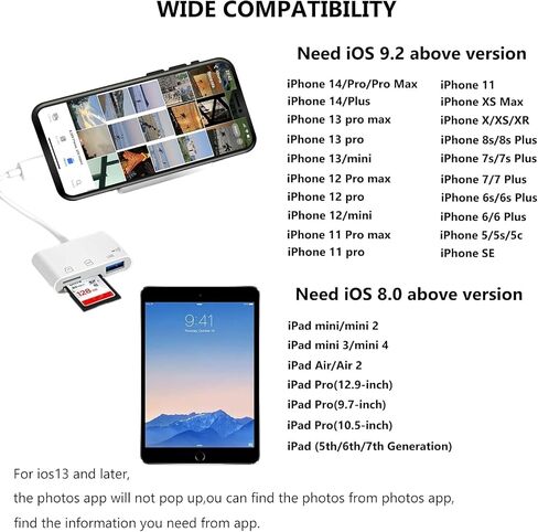 [معتمد من Apple MFi] قارئ بطاقة SD لجهاز iPhone iPad، قارئ بطاقة الذاكرة، محول كاميرا Lightning إلى USB Trail Game Camera SD Card Viewer يدعم SD وTF Card Micro SD Card لجهاز iPad-White in Saudi Arabia