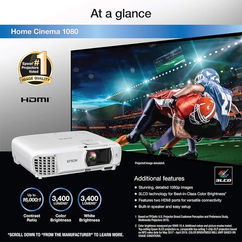جهاز عرض Epson Home Cinema 1080 3-chip 3LCD 1080p، سطوع اللون والأبيض 3400 لومن، البث/الألعاب/المسرح المنزلي، مكبر صوت مدمج، انحراف تلقائي للصورة، تباين 16,000:1، HDMI مزدوج-أبيض، متوسط in Kuwait