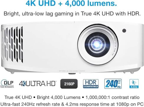 جهاز عرض الألعاب Optoma UHD38 الساطع، True 4K UHD | 4000 لومن | وقت استجابة 4.2 مللي ثانية بدقة 1080 بكسل مع وضع الألعاب المحسن | أقل تأخر في الإدخال على جهاز عرض 4K | معدل تحديث 240 هرتز | اتش دي ار 10 واتش ال جي in Kuwait