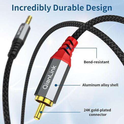 QianLink 3.5mm Aux to RCA Cable, (6.6ft/2M) 3.5 mm 1/8 to RCA 2-Male Headphone Jack Adapter Splitter Premium Stereo Audio Y Cord for Connects a Smartphone, Tablet, HDTV, MP3 (Grey) in Saudi Arabia