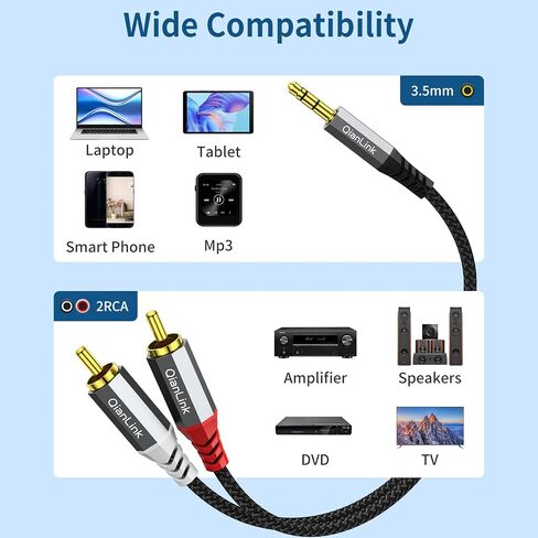 QianLink 3.5mm Aux to RCA Cable, (6.6ft/2M) 3.5 mm 1/8 to RCA 2-Male Headphone Jack Adapter Splitter Premium Stereo Audio Y Cord for Connects a Smartphone, Tablet, HDTV, MP3 (Grey) in Saudi Arabia