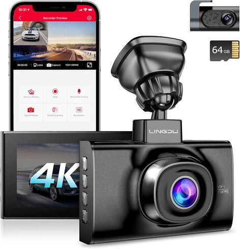 LINGDU LD02 Lite Dash Cam أمامية وخلفية 4K+1080P، كاميرا داش مزدوجة 5G WiFi للسيارات، نظام تحديد المواقع المدمج، التحكم الصوتي، رؤية ليلية WDR، وضع انتظار 24 ساعة، بطاقة SD 64 جيجابايت مجانية، شاشة IPS 3 بوصات، مستشعر G in Kuwait