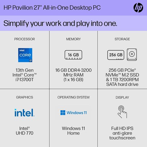 HP Pavilion 27 inch All-in-One Desktop PC, FHD Display, 13th Generation Intel Core i7-13700T, 16 GB RAM, 256 GB SSD, 1 TB HD, Intel UHD 770 Graphics, Windows 11 Home, 27- ca2080 (2023) in Saudi Arabia