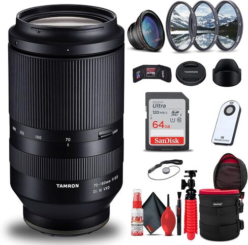 Tamron 70-180mm f/2.8 Di III VXD Lens for Sony E (AFA056S-700) Intl Model Bundle with 64GB SD Card + Lens Case + Wireless Remote + Tripod + 3-Piece Filter Kit + Wide Angle Lens + Lens Cleaning Kit in Saudi Arabia