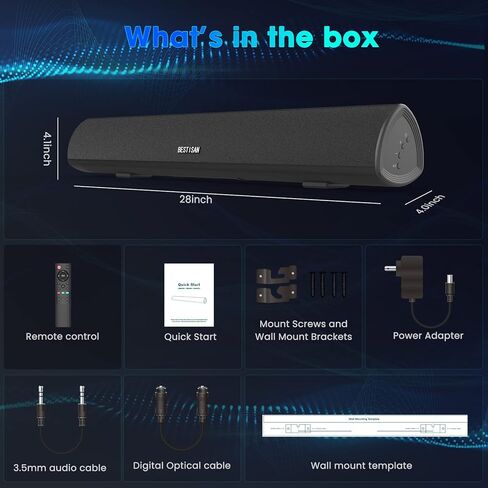 شريط صوت 80 وات 34 بوصة، مكبر صوت Bestisan Soundbar Bluetooth 5.0 لاسلكي وسلكي للمسرح المنزلي (DSP، صوت جهير قابل للتعديل، كابل بصري متضمن، تجربة خالية من القلق لمدة 90 يومًا) in Kuwait