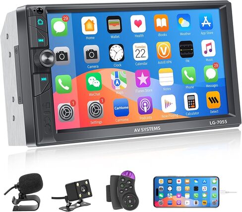 راديو مزدوج الدين، ستيريو سيارة مزدوج الدين مع كاميرا احتياطية، شاشة لمس 7 بوصة للسيارة ستيريو الوسائط المتعددة راديو السيارة يدعم وصلة المرآة/متصل بلوتوث/FM/شحن سريع/TF/USB/EQ/Aux/جهاز التحكم عن بعد/النوع C in Kuwait