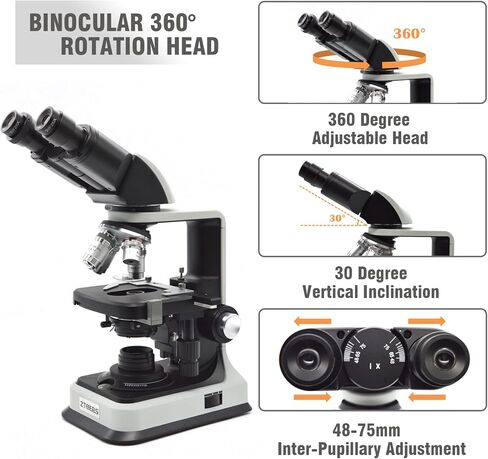 Compound Binocular Microscopes for Adults & Students, Chargeable, 40X-2500X Magnification with 10X/25X Eyepiece, LED Illumination, Abbe Condenser, Double-Layer Mechanical Stage in Kuwait