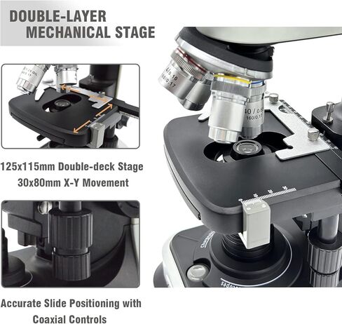 Compound Binocular Microscopes for Adults & Students, Chargeable, 40X-2500X Magnification with 10X/25X Eyepiece, LED Illumination, Abbe Condenser, Double-Layer Mechanical Stage in Kuwait