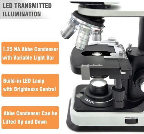 Compound Binocular Microscopes for Adults & Students, Chargeable, 40X-2500X Magnification with 10X/25X Eyepiece, LED Illumination, Abbe Condenser, Double-Layer Mechanical Stage in Kuwait