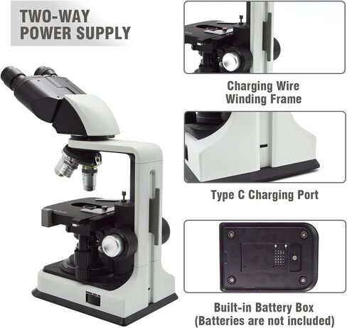 Compound Binocular Microscopes for Adults & Students, Chargeable, 40X-2500X Magnification with 10X/25X Eyepiece, LED Illumination, Abbe Condenser, Double-Layer Mechanical Stage in Kuwait