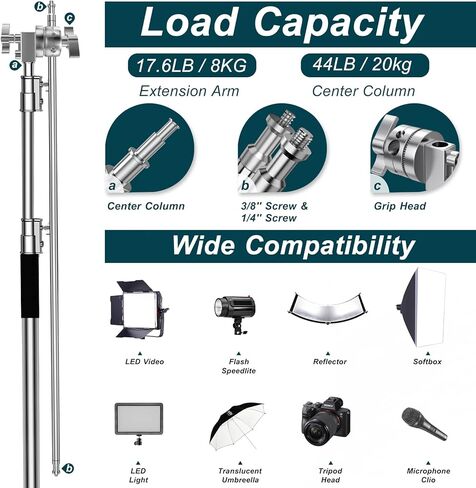 حامل Altson Pro 100% من الفولاذ المقاوم للصدأ عالي التحمل مع ذراع بوم، أقصى ارتفاع 10.5 قدم/320 سم حامل إضاءة للتصوير الفوتوغرافي مع ذراع حمل 4.2 قدم/128 سم، رأسان للقبضة لضوء الاستوديو الأحادي، صندوق ناعم، عاكس in Kuwait
