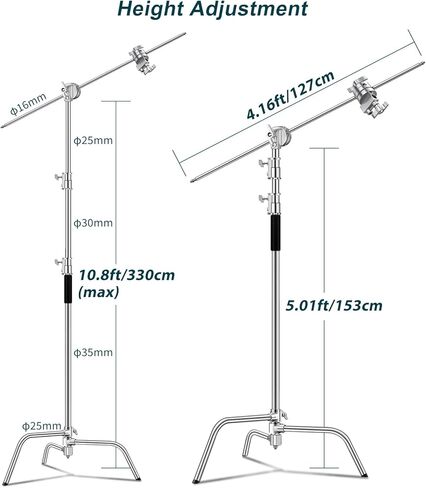 حامل Altson Pro 100% من الفولاذ المقاوم للصدأ عالي التحمل مع ذراع بوم، أقصى ارتفاع 10.5 قدم/320 سم حامل إضاءة للتصوير الفوتوغرافي مع ذراع حمل 4.2 قدم/128 سم، رأسان للقبضة لضوء الاستوديو الأحادي، صندوق ناعم، عاكس in Kuwait
